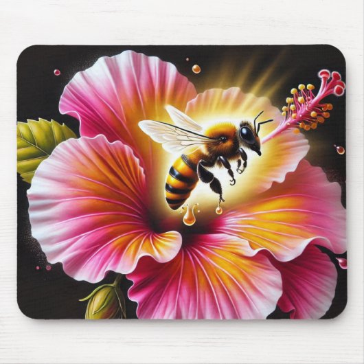 Tapis De Souris L'abeille de miel pollinise un Hibiscus lumineux e (Devant)