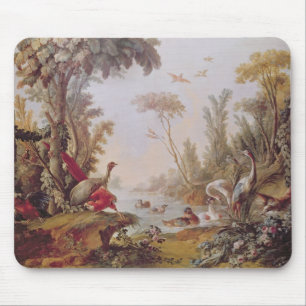 Tapis De Souris Lac avec des oies, des cigognes, des perroquets et