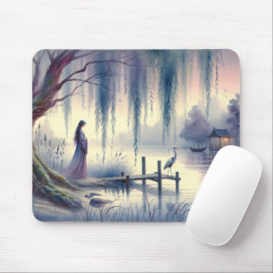 Tapis De Souris Lac de Fantaisie Serein avec Saule et Héron