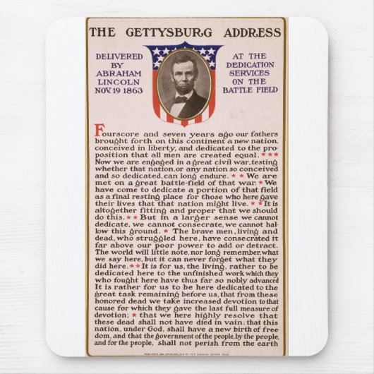 Tapis De Souris L'adresse de Gettysburg par Abraham Lincoln 1863 (Devant)