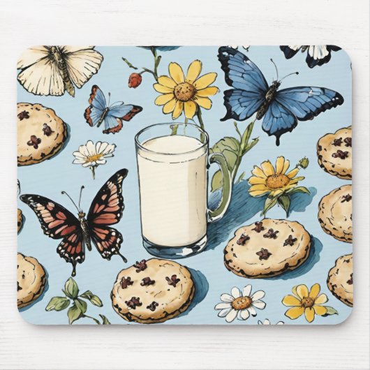 Tapis De Souris Lait et biscuits à fleurs et papillons bleu (Devant)