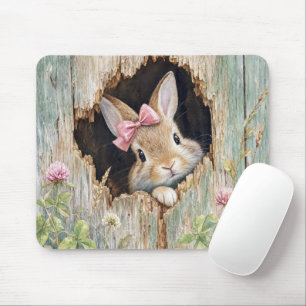Tapis De Souris Lapin au nœud rose pointant par un trou de clôture