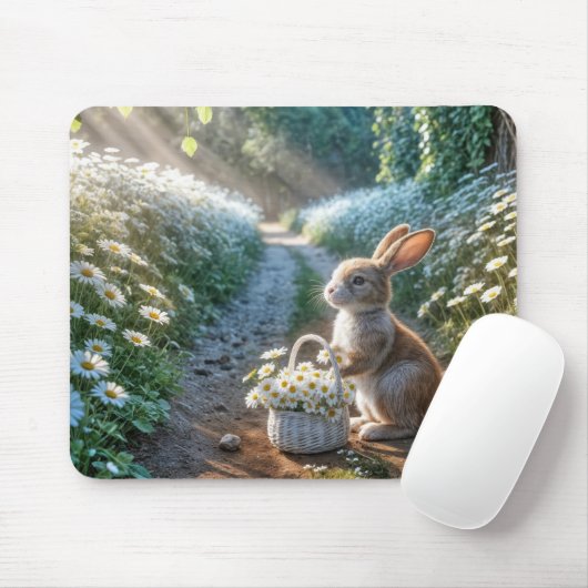 Tapis De Souris Lapin avec un panier de marguerites blanches (Avec souris)
