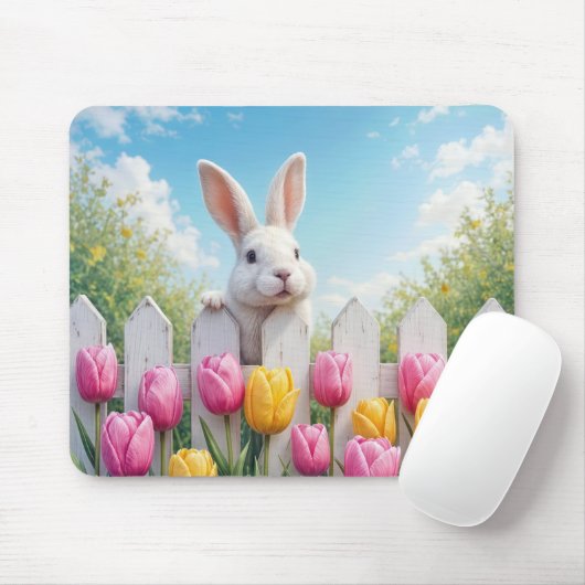 Tapis De Souris Lapin blanc dans un jardin de tulipes (Avec souris)