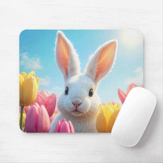 Tapis De Souris Lapin blanc dans un jardin de tulipes (Avec souris)
