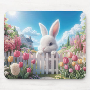 Tapis De Souris Lapin Blanc Dans Un Jardin Printanier