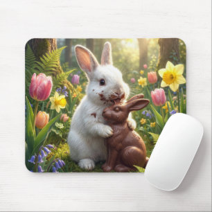 Tapis De Souris Lapin blanc léchant un lapin de Pâques en chocolat