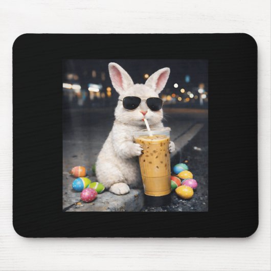 Tapis De Souris Lapin buvant un café glacé Funny Easter Egg Lapin (Devant)