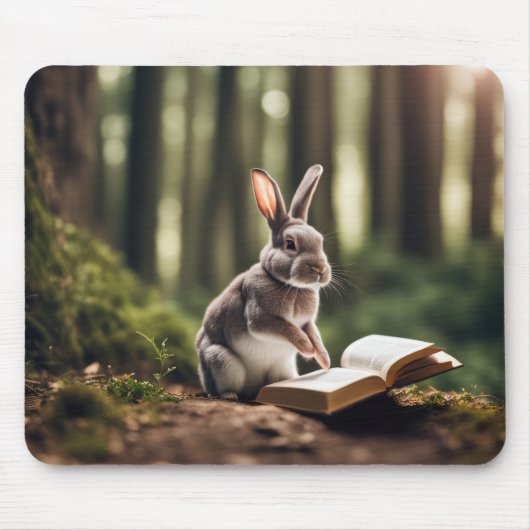 Tapis De Souris Lapin Dans Une Forêt Avec Un Livre (Devant)
