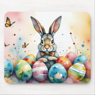 Tapis De Souris Lapin de Pâques mignon avec des œufs peints coloré