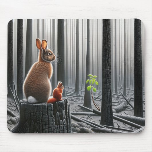 Tapis De Souris Lapin et écureuil dans une forêt desséchée (Devant)