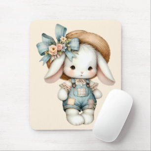 Tapis De Souris Lapin mignon en salopette avec chapeau de paille e