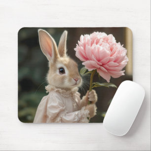 Tapis De Souris Lapin tenant une pivoine rose