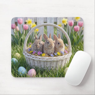 Tapis De Souris Lapins dans un panier de Pâques sur l'herbe
