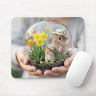Tapis De Souris Lapins de printemps dans un terrarium tenu par la