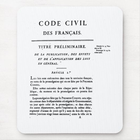 Tapis De Souris Le code civil de la ?ère page de la France a (Devant)