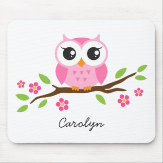 Tapis De Souris Le hibou rose mignon sur la branche florale a
