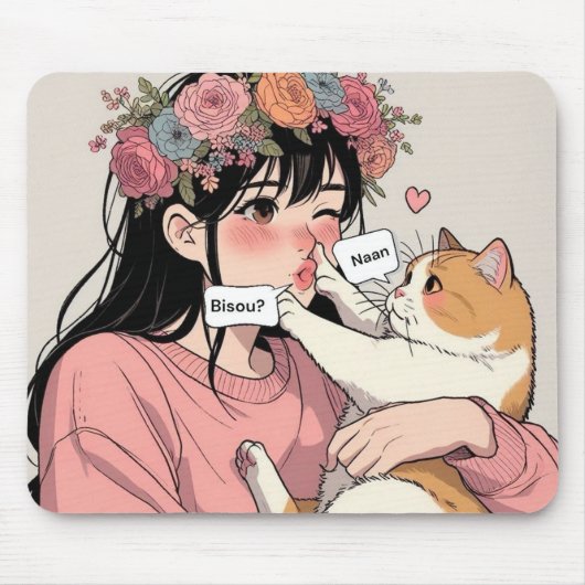Tapis de souris le jeune femme et son grumpy cat (Devant)