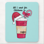 Tapis De Souris Le Sucre de canne du café du Père Noël Noël<br><div class="desc">Ce joli et artistique design de Noël est la meilleure façon de répandre l'esprit des vacances. Il comprend une tasse à café rouge, vert, blanc et noir couleur aquarelle dessinée à la main et peinte à la main, avec une manche en papier décoratif, un casquette du Père Noël et un...</div>