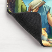 Tapis De Souris Lecture d'un livre sous un arbre avec un chat endo (Coin)