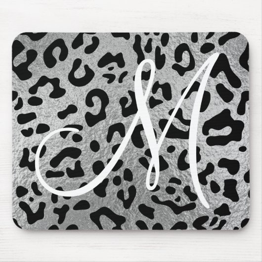 Tapis De Souris Léopard noir et monogramme à feuille d'argent faux (Devant)