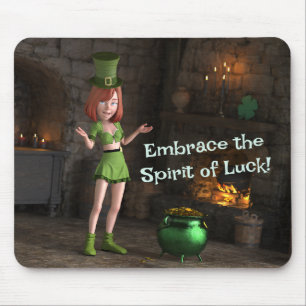 Tapis De Souris Leprechaun Toon Girl à côté du pot d'or