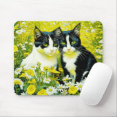 Tapis De Souris Les chats adorables assis dans un champ de marguer (Avec souris)