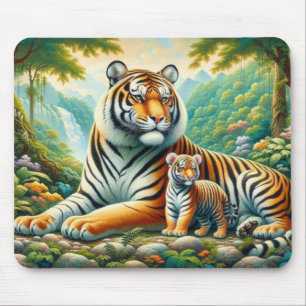 Tapis De Souris Les tigres dans une peinture luxuriante au paradis