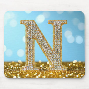 Tapis De Souris Lettre N de luxe en diamant sur fond de paillettes