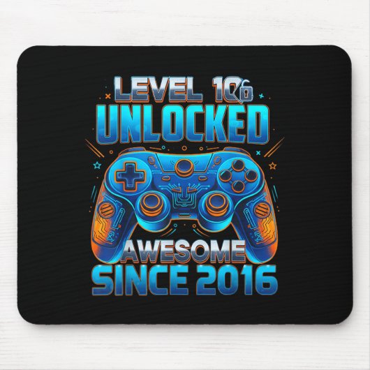 Tapis De Souris Level 10 Unlocked Awesome Since 2016 10th Birthday (Devant)