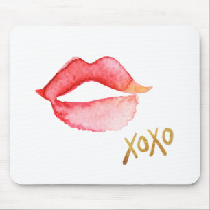 Tapis De Souris Lèvres et feuille d'or XOXO d'aquarelle