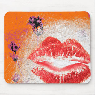 Tapis De Souris Lèvres sur Arrière - plan orange Fleurs violettes