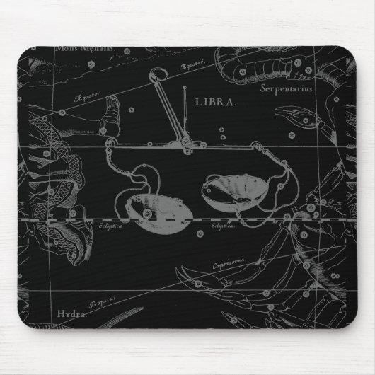 Tapis De Souris Libra Constellation Hevelius 1690 Carte sur Noir (Devant)