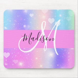 Tapis De Souris Licorne Arc-en-ciel Cœurs Monogramme Coloré Fémini
