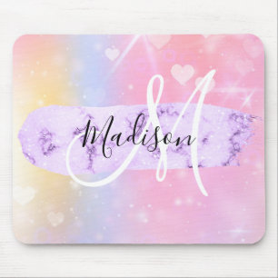 Tapis De Souris Licorne Arc-en-Ciel Cœurs Monogramme Coloré Fémini
