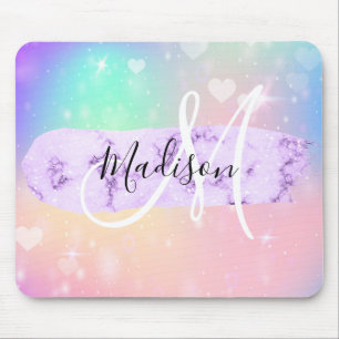 Tapis De Souris Licorne Arc-en-Ciel Cœurs Monogramme Féminin Color