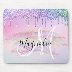Tapis De Souris Licorne arc-en-ciel ombrée pailletée rose monogram