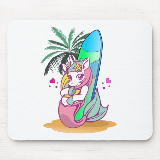 Tapis De Souris Licorne avec planche de surf sur la plage (Devant)