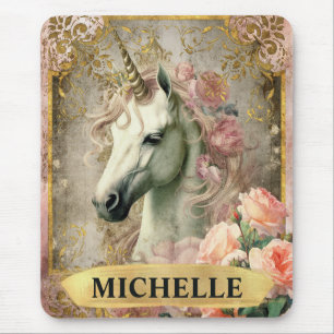 Tapis De Souris Licorne blanche vintage aquarelle et roses roses