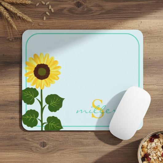 Tapis De Souris  Light Green Mouse Pad with Sunflower