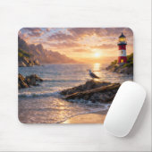 Tapis De Souris Lighthouse Sunset Seagull Beach Mouse Pad (Avec souris)