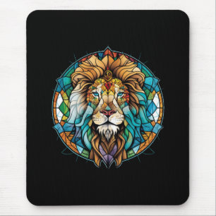 Tapis De Souris Lion Animal Portrait Vitrail Forêt faunique