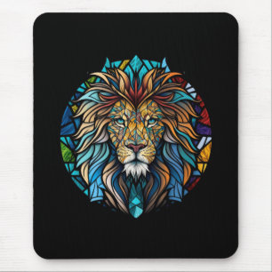 Tapis De Souris Lion Animal Portrait Vitrail Forêt faunique