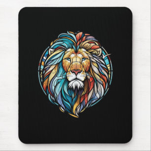 Tapis De Souris Lion Animal Portrait Vitrail Forêt faunique