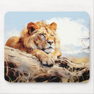 Tapis De Souris Lion Se Détendre Sur Le Tronc Arbre Animal Amusant