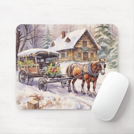 Tapis De Souris Log House Dans la ferme d'hiver (Avec souris)