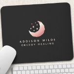 Tapis De Souris Logo des étoiles célestes du croissant d'or Rose<br><div class="desc">Céleste Rose Or Croissant Lune Étoiles Logo Souris. Cet élégant design d'affaires moderne et branché présente une lune et des étoiles sur un arrière - plan noir solide.</div>