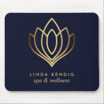 Tapis De Souris logo or lotus bleu | Ajoutez votre nom personnalis<br><div class="desc">Cartes de visite élégants pour studios de massage, massothérapie, spas ou professionnels du bien-être présentent une fausse illustration de fleur de lotus en feuille d'or. Customisez le devant avec deux lignes de texte personnalisé sur l'arrière - plan bleu moderne en utilisant le modèle. Un design chic pour toute industrie du...</div>