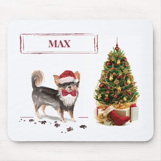 Tapis De Souris Long Haired Chihuahua Funny Christmas Dog Tree (Devant)