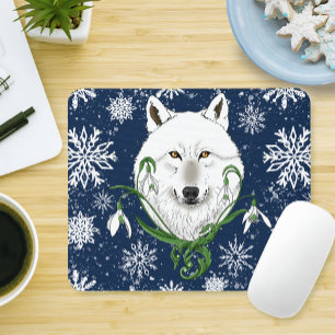 Tapis De Souris Loup Arctique Blanc Mystique Neige Bleue Galanthus
